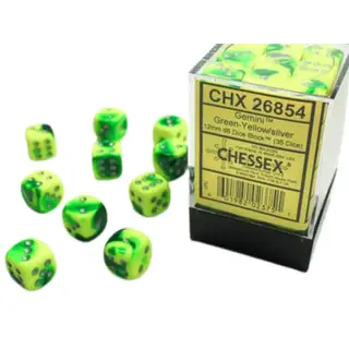 Chessex Gemini 12mm d6 Green-Yellow/Silver Dice Block (36 dice)