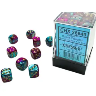 Chessex Gemini 12mm d6 Purple-Teal/Gold Dice Block (36 dice)