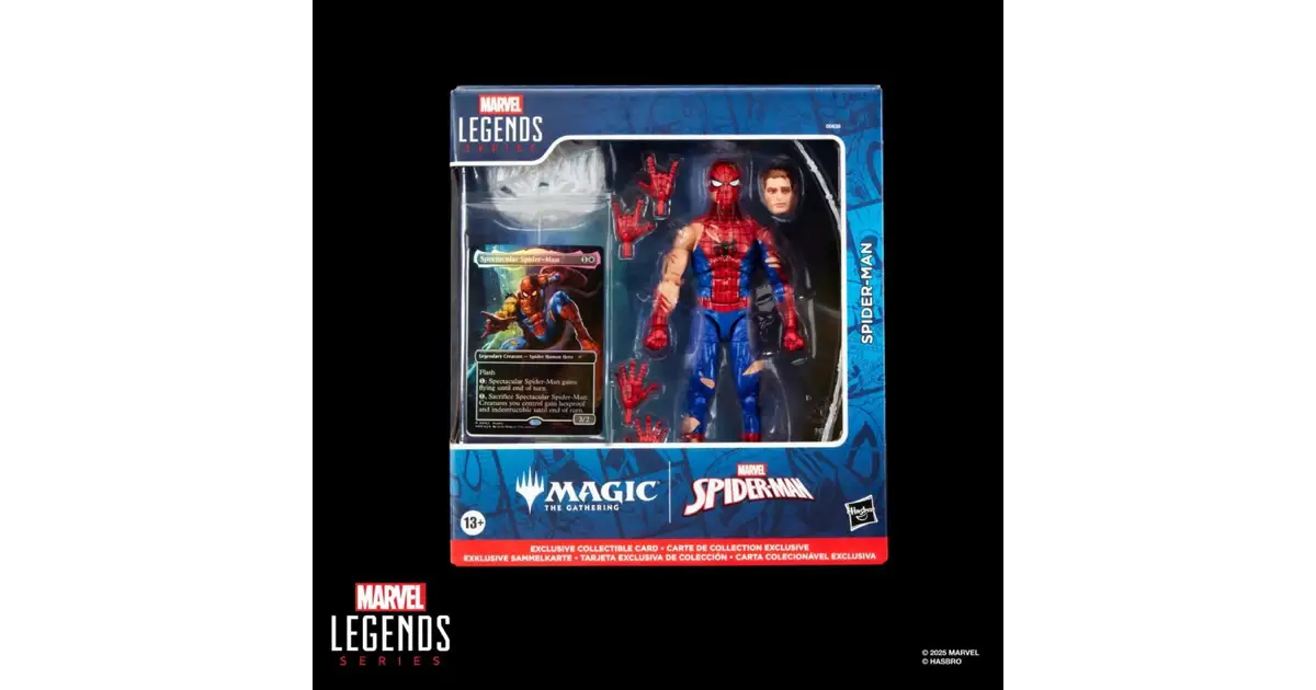 Marvel Legends Series Magic: The Gathering, figurine Spider-Man endommagé au combat avec carte premium exclusive