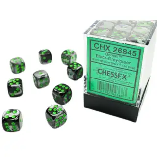 Chessex Gemini 12mm d6 Black-Grey/Green Dice Block (36 dice)