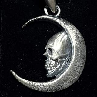 Silver Crescent Moon Skull Pendant