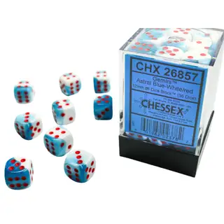 Chessex Gemini 12mm d6 Astral Blue-White/Red Dice Block (36 dice)