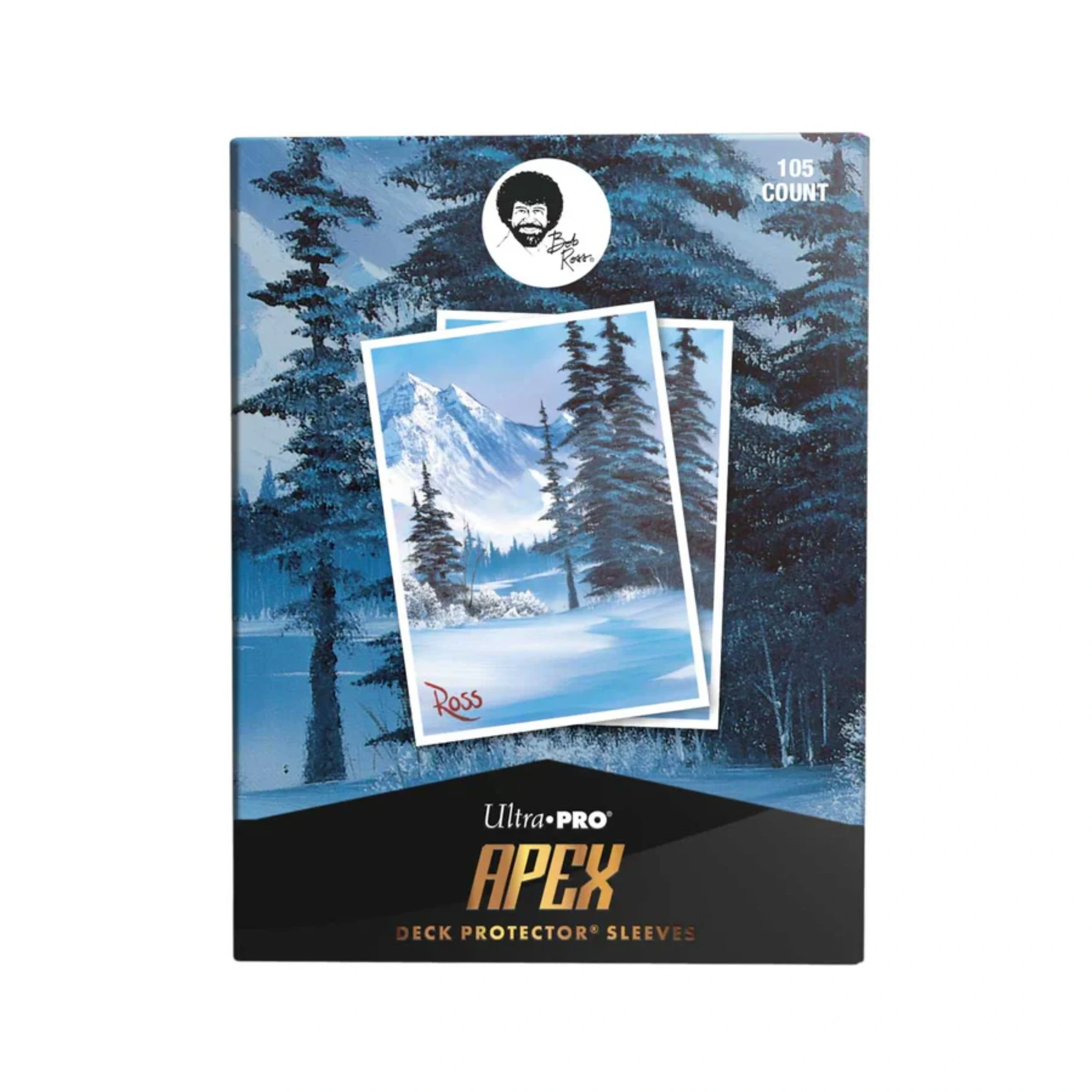 bob ross card sleeves Ultra Pro D-Pro Apex Winter Paradise 105CT Officially licensed Bob Ross APEX Deck Protector sleeves Vibrant textured print featuring Bob Ross wooded mountain landscape New sleeve formulation offers a top Apex Deck Protector Sleeves: Bob